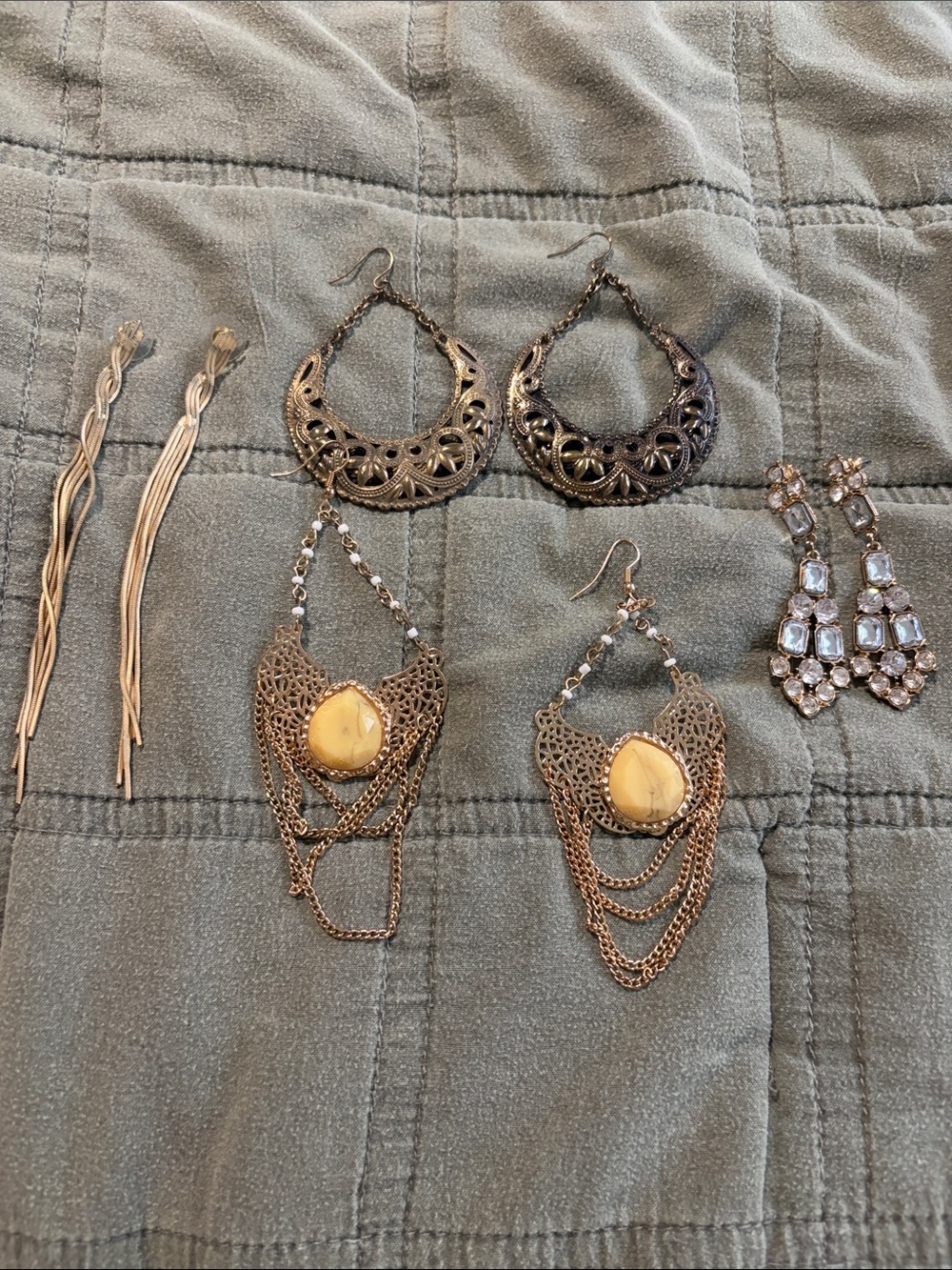 Boho Statement Dangle Earrings in Antique Gold and Ivory